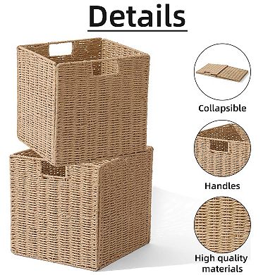Wicker Storage Baskets Foldable Cube Bins Organizing Shelves Decor Handles Metal Frame