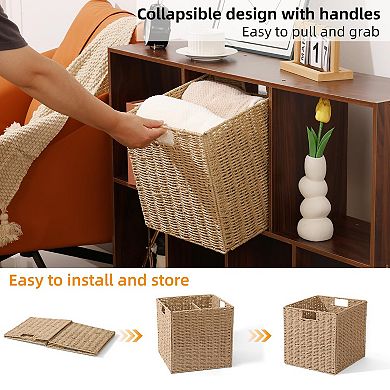 Wicker Storage Baskets Foldable Cube Bins Organizing Shelves Decor Handles Metal Frame