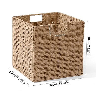 Wicker Storage Baskets Foldable Cube Bins Organizing Shelves Decor Handles Metal Frame