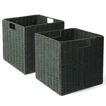 Wicker Storage Baskets Foldable Cube Bins Organizing Shelves Decor Handles Metal Frame