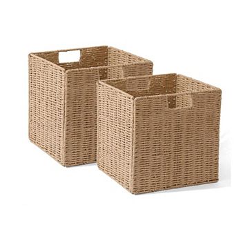 Wicker Storage Baskets Foldable Cube Bins Organizing Shelves Decor Handles Metal Frame