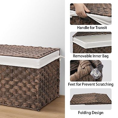 Wicker Storage Basket Lid Large Hand Woven Foldable Metal Frame Washable Liner Blanket Bin