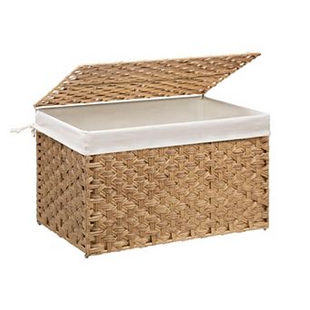Wicker Storage Basket Lid Large Hand Woven Foldable Metal Frame Washable Liner Blanket Bin
