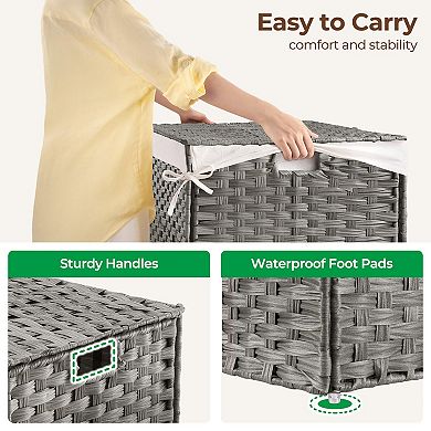 Storage Basket With Lid Foldable Wicker Blanket Handles 2 Removable Liners Metal Frame
