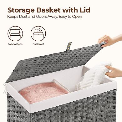 Storage Basket With Lid Foldable Wicker Blanket Handles 2 Removable Liners Metal Frame