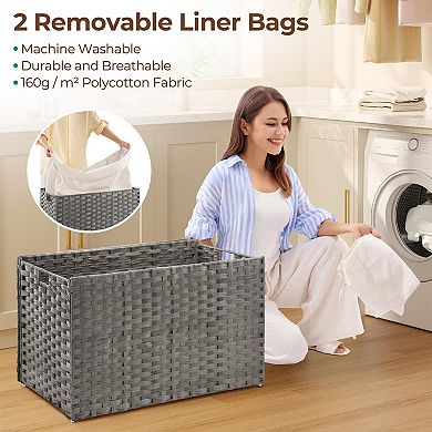 Storage Basket With Lid Foldable Wicker Blanket Handles 2 Removable Liners Metal Frame