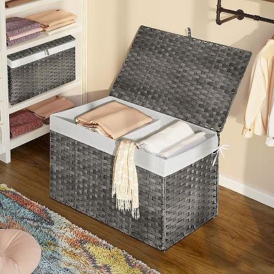 Storage Basket With Lid Foldable Wicker Blanket Handles 2 Removable Liners Metal Frame