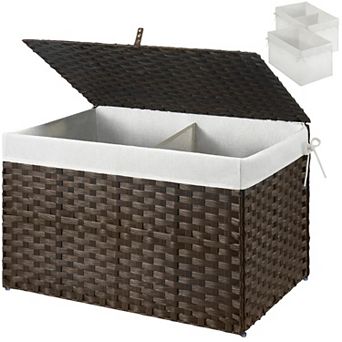 Storage Basket With Lid Foldable Wicker Blanket Handles 2 Removable Liners Metal Frame