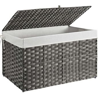 Storage Basket With Lid Foldable Wicker Blanket Handles 2 Removable Liners Metal Frame