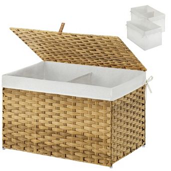 Storage Basket With Lid Foldable Wicker Blanket Handles 2 Removable Liners Metal Frame
