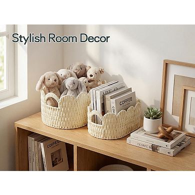 Paper Rope Scalloped Woven Storage Baskets for Shelves Laundry Towels Decor Organizing