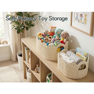 Paper Rope Scalloped Woven Storage Baskets for Shelves Laundry Towels Decor Organizing
