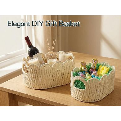 Paper Rope Scalloped Woven Storage Baskets for Shelves Laundry Towels Decor Organizing