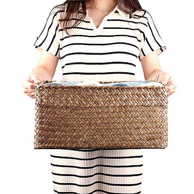 Seagrass Storage Baskets Handwoven Rectangular Organizer with Handles Multipurpose Pantry Closet
