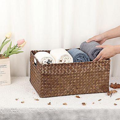 Seagrass Storage Baskets Handwoven Rectangular Organizer with Handles Multipurpose Pantry Closet