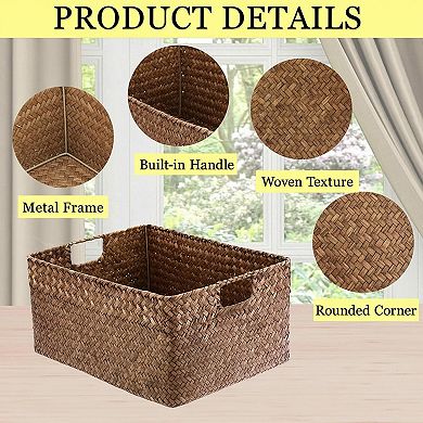 Seagrass Storage Baskets Handwoven Rectangular Organizer with Handles Multipurpose Pantry Closet