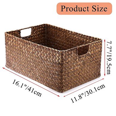 Seagrass Storage Baskets Handwoven Rectangular Organizer with Handles Multipurpose Pantry Closet
