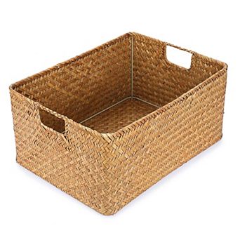Seagrass Storage Baskets Handwoven Rectangular Organizer with Handles Multipurpose Pantry Closet