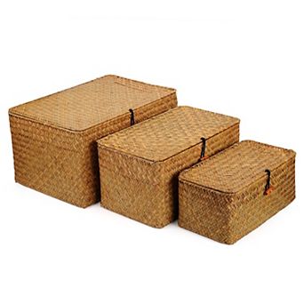 Woven Seagrass Storage Bins With Lid Set Of 3 Shelf Organizer Baskets