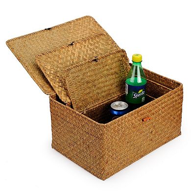 Woven Seagrass Storage Bins With Lid Set Of 3 Shelf Organizer Baskets
