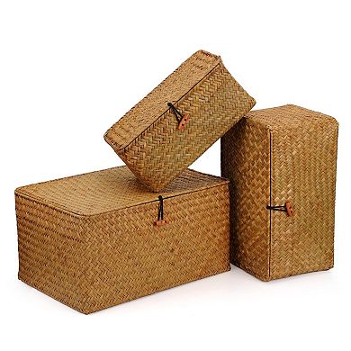 Woven Seagrass Storage Bins With Lid Set Of 3 Shelf Organizer Baskets