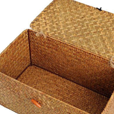 Woven Seagrass Storage Bins With Lid Set Of 3 Shelf Organizer Baskets