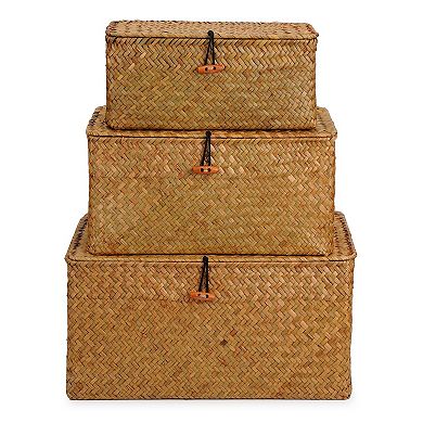 Woven Seagrass Storage Bins With Lid Set Of 3 Shelf Organizer Baskets
