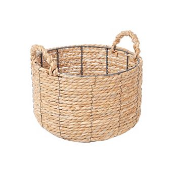 Round Wicker Storage Basket Handmade Water Hyacinth Bin With Handles Multiuse