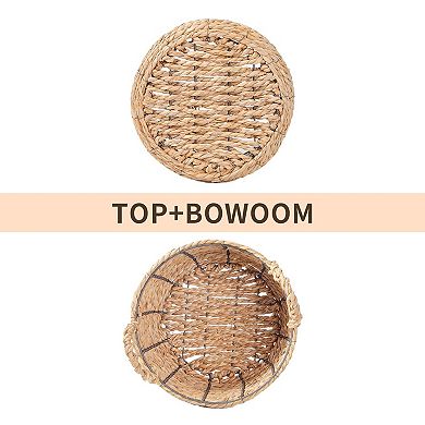 Round Wicker Storage Basket Handmade Water Hyacinth Bin With Handles Multiuse