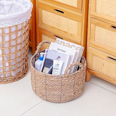 Round Wicker Storage Basket Handmade Water Hyacinth Bin With Handles Multiuse