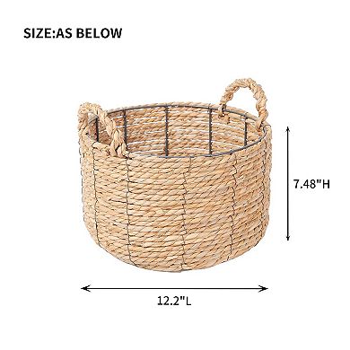 Round Wicker Storage Basket Handmade Water Hyacinth Bin With Handles Multiuse