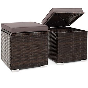 Patio Ottomans Multifunctional Hand woven PE Rattan Side Table Storage Removable Cushion
