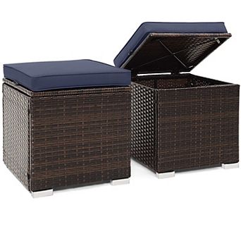 Patio Ottomans Multifunctional Hand woven PE Rattan Side Table Storage Removable Cushion