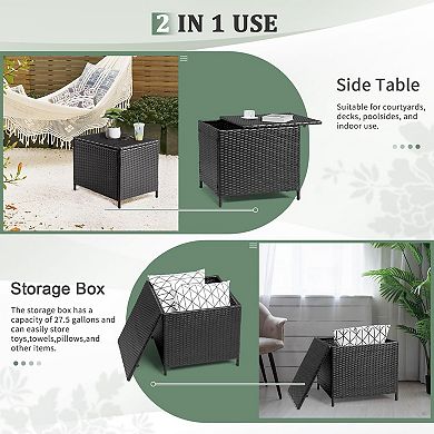 27 Gallon Outdoor Deck Box Wicker Storage Lid Multi Purpose Rattan Side Table