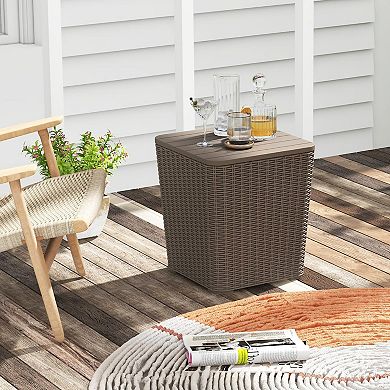 11.5 Gallon Outdoor Deck Box Side Table Removable Lid 330lbs Capacity Wicker Storage Patio Poolside