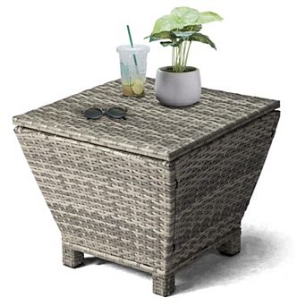Outdoor Side Table with Storage 27 Gallon Patio Deck Box Wicker for Poolside Balcony