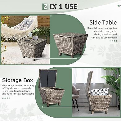 Outdoor Side Table with Storage 27 Gallon Patio Deck Box Wicker for Poolside Balcony