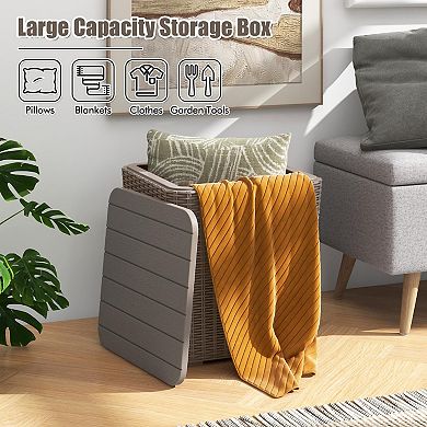 11.5 Gallon Waterproof Deck Box Outdoor Storage Removable Lid Faux Rattan Side Table Extra Seat All