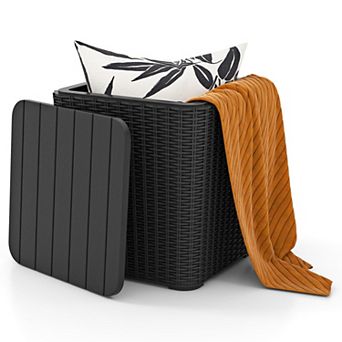 11.5 Gallon Waterproof Deck Box Outdoor Storage Removable Lid Faux Rattan Side Table Extra Seat All