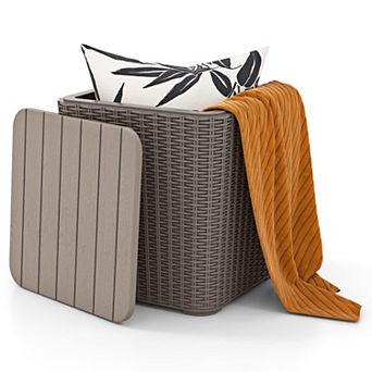 11.5 Gallon Waterproof Deck Box Outdoor Storage Removable Lid Faux Rattan Side Table Extra Seat All