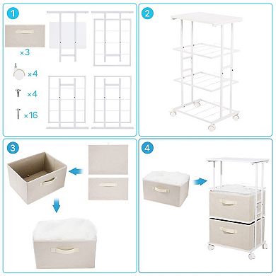 4 Drawer Narrow Fabric Storage Tower Vertical Slim Chest Organizer Wood Top Bedroom Bathroom