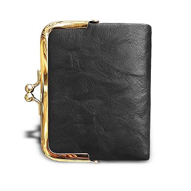 Womens Small RFID Bifold Leather Wallet Vintage Kiss Lock Zipper