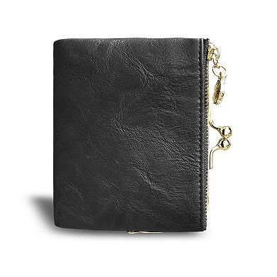 Womens Small RFID Bifold Leather Wallet Vintage Kiss Lock Zipper
