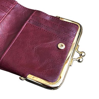 Womens Small RFID Bifold Leather Wallet Vintage Kiss Lock Zipper