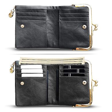 Womens Small RFID Bifold Leather Wallet Vintage Kiss Lock Zipper