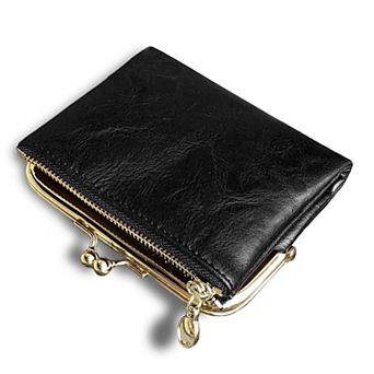 Womens Small RFID Bifold Leather Wallet Vintage Kiss Lock Zipper