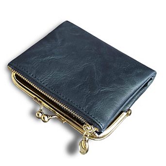 Womens Small RFID Bifold Leather Wallet Vintage Kiss Lock Zipper