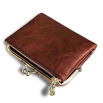 Womens Small RFID Bifold Leather Wallet Vintage Kiss Lock Zipper