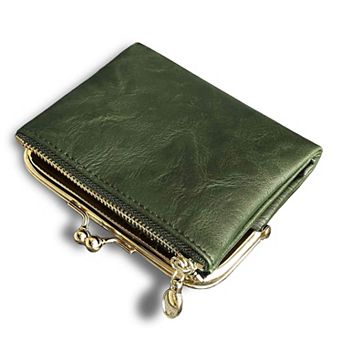 Womens Small RFID Bifold Leather Wallet Vintage Kiss Lock Zipper