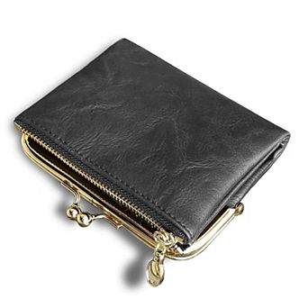 Womens Small RFID Bifold Leather Wallet Vintage Kiss Lock Zipper